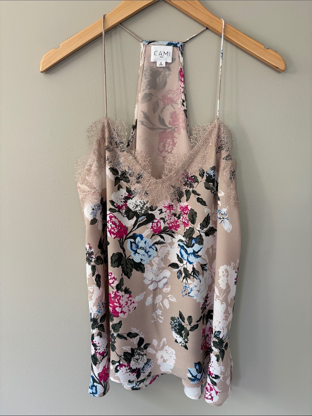 CAMI NYC Silk Floral Racer Georgette Cami Tank Small Lace Trim Going Out Top